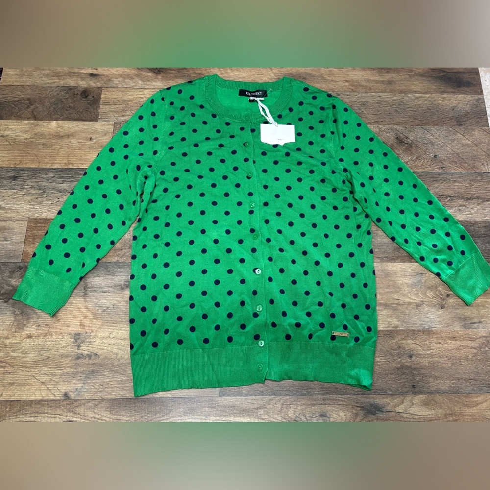NWOT Ellen Tracy Green w/Navy Polka Dot Buttoned 3/4 Sleeve Cardigan Medium